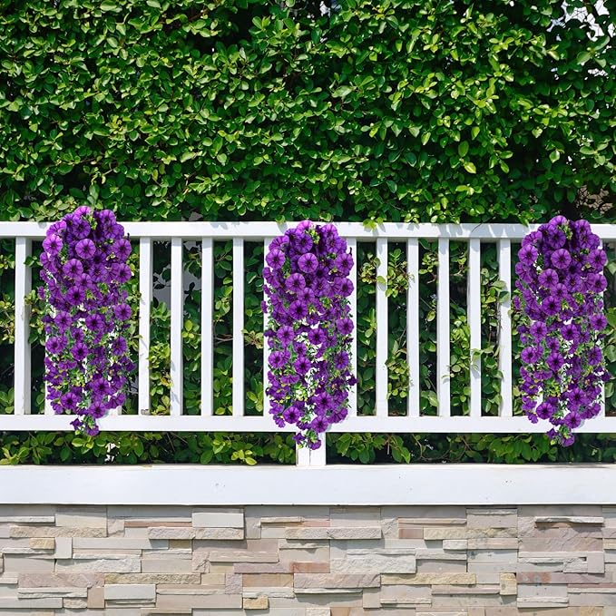 ADXORA Fake Artificial Hanging Morning Glory Flowers for Outdoor Planters Porch Pation Decoration,2 PCS UV Resistant Silk Faux Flowers with Realistic Eucalyptus Plants for Home Office Garden Decor