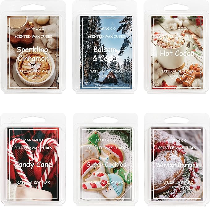Maracco Christmas Scented Wax Melts, Soy Wax Cubes for Wax Warmer, Wax Melts Wax Cubes Xmas Winter, 6 x2.5oz