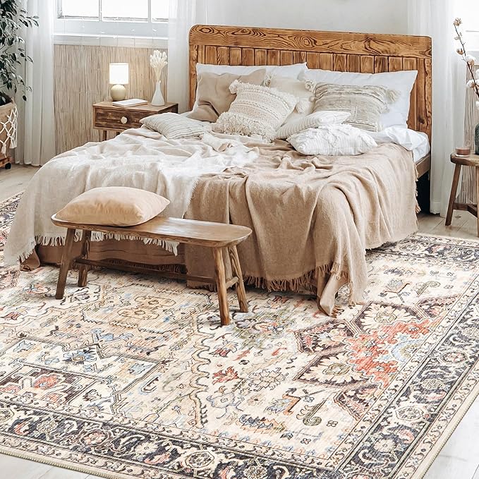 Area Rug for Living Room - 6x9 Soft Machine Washable Oriental Vintage Floral Distressed Large Indoor Floor Carpet for Bedroom Under Dining Table Home Office Decor - Multi