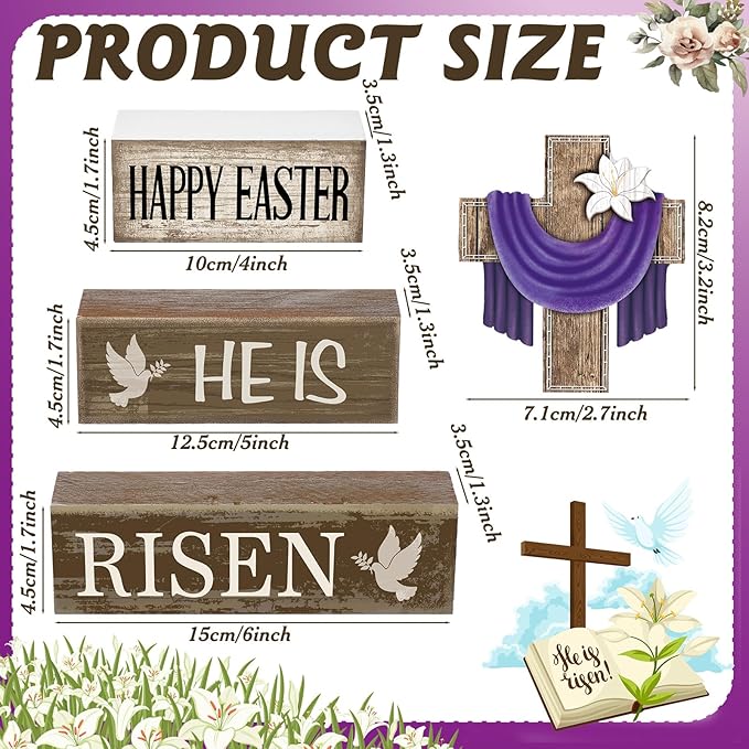 Yuntau 4 Pcs Easter Decorations He Is Risen Wooden Sign Christian Table Centerpiece Religious Cross Tiered Tray Decor Decorative Faux Book Stack Block for Table Fireplace Mantel Floating Shelf