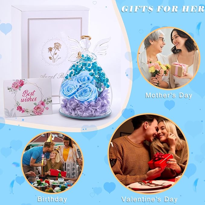 Beferr Mothers Day Mom Birthday Gifts for Women, Fresh Flowers for Delivery Forever Preserved Rose in Glass Angel Figurine, Anniversary Christian Real Rose for Grandma Nana Wife Mum from Daughter Son