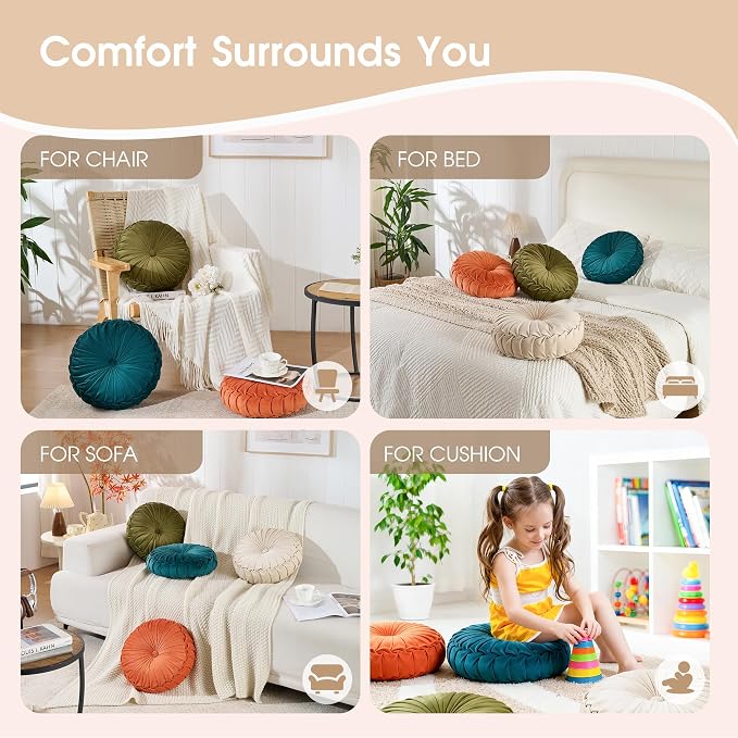 ROSE&RISY Round Pleated Velvet Throw Pillow, 1 Pack Decorative Accent Pumpkin Pillow Cushion for Couch Sofa Bed, Soft Plush Retro Vanity Throw Pillow for Home Decor, 14.5 Inch, Cream
