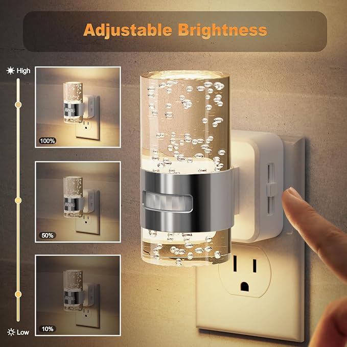 JandCase Motion Sensor Night Light, Dimmable Night Lights Plug Into Wall, 2 Pack 3000k Soft White Night-Lights With 0-100Lm Adjustable Brightness, Acrylic Plug In Nightlight For Bedroom Bathroom Decor