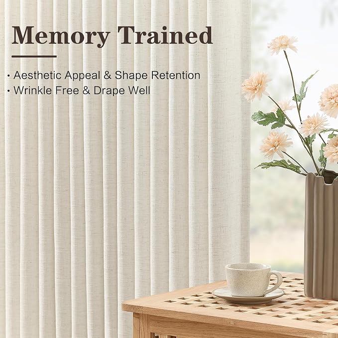 Pinch Pleated Linen Curtains 96 Inches Long for Living Room, Natural Light Filtering Pleat Drapes Textured Thick Floor to Ceiling Semi-Sheer Window Curtain with Hooks for Bedroom Farmhouse, 2 Panels