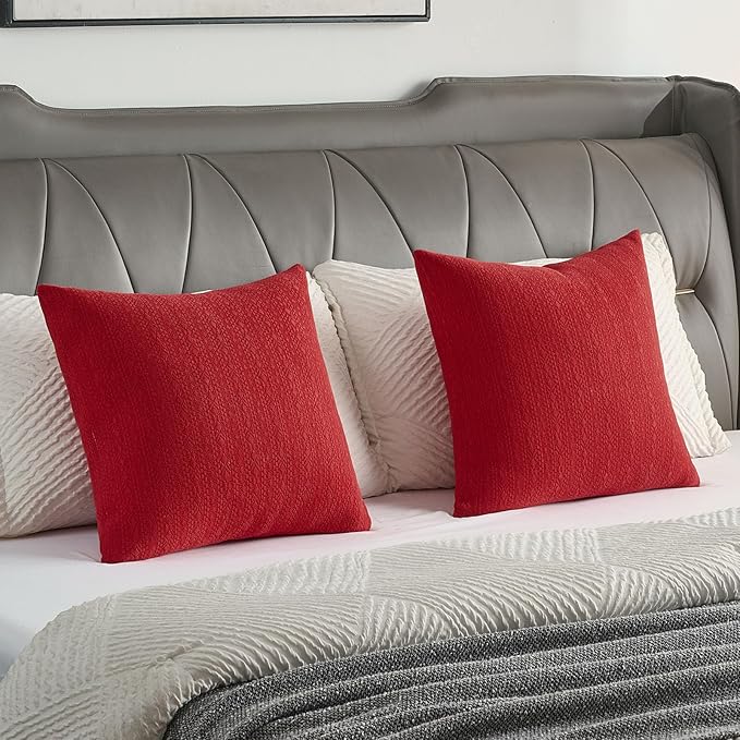 FUTEI Red Chenille Throw Pillow Covers 22x22 Inch Set of 2,Soft Striped & Diamond Textured Cushion Cases,Modern Home Decor for Couch Living Room