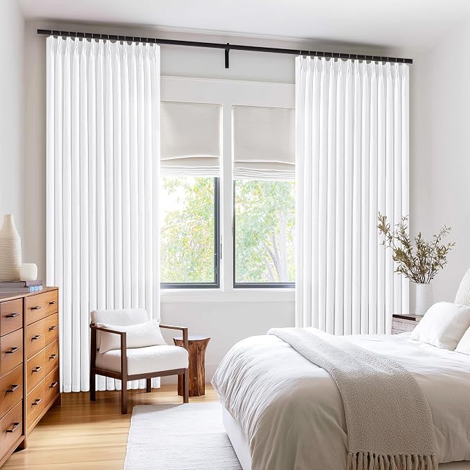 Pinch Pleated Curtains 105 Inches Long for Living Room 2 Panels Farmhouse Thick Linen Textured Snow White Pinch Pleat Drapes Hooks Back Tab Custom Memory Trained 105 Inch Curtain for Dining Bedroom
