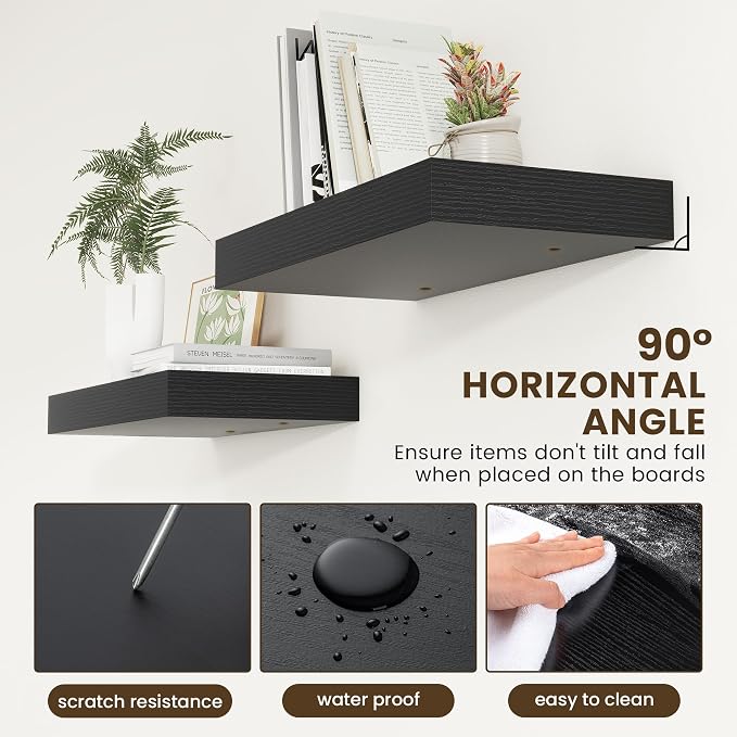 FLYJOE 12 Inch Deep Floating Shelves | 24 Inch Black Floating Shelves | 24W x 12D Rustic Black Wall Shelves | Deep Shelves for Living Room Bathroom Kitchen Bedroom