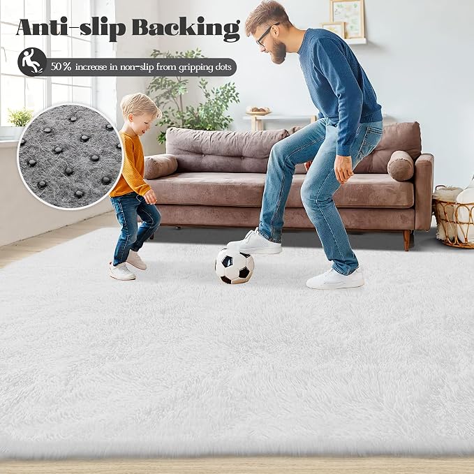 8x10 Area Rugs for Living Room: Fluffy Shag Soft Washable Rug Large Fuzzy Plush Indoor Carpet for Bedroom Nursery Playroom Kids Girls Boys Room (White, 8'x10')