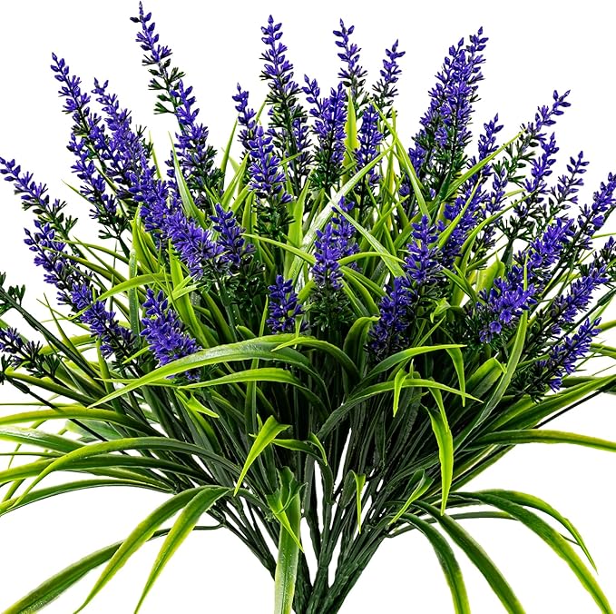 Nigirior Artificial Flowers for Outdoor Plants 24 Bundles Fake Lavender Plastic Faux Monkey Grass for Verandah Window Garden Office Patio Front Porch UV Resistant for Planter(Purple)