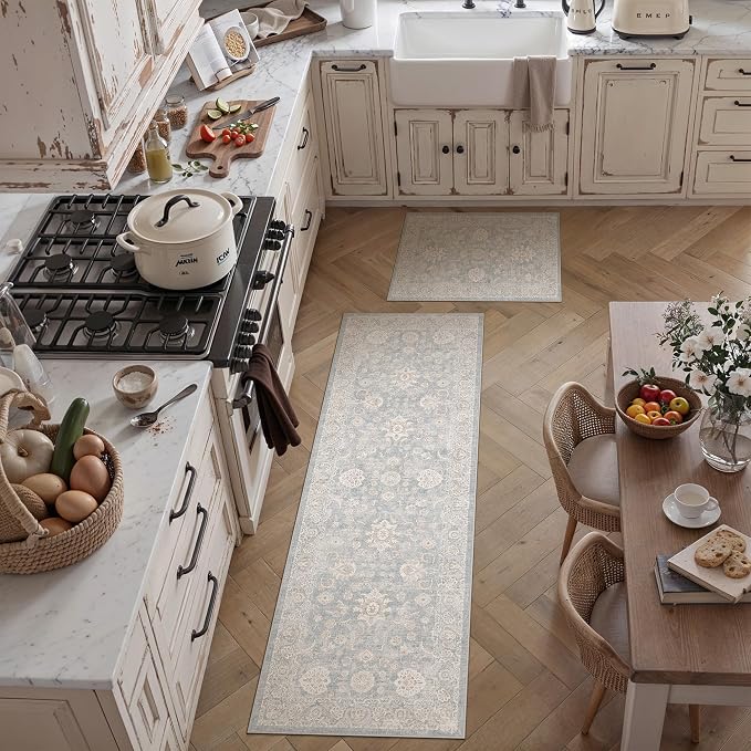 2 Piece Blue Cream Washable Kitchen Rug Set Neutral Floral Soft Non Slip Runner Mats Low Pile Distressed Area Rugs for Floor Sink Laundry Hallway Bathroom, 2x3 + 2'6x8