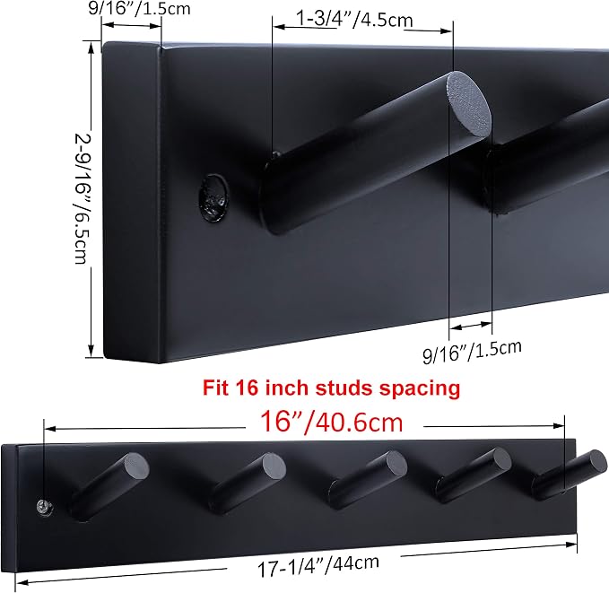 WEBI Coat Rack Wall Mounted,16" Hole to Hole,Coat Hanger Wall Mount with 5 Coat Hooks for Hanging,Hook Rack Peg Rail for Hats,Jacket,Clothes,Towels,Black