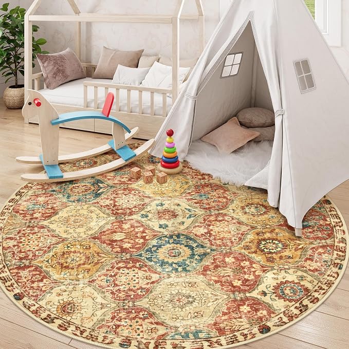 Lahome Moroccan Trellis Washable Round Area Rug, Round Rug 5ft Soft Non-Slip, Non-Shedding Distressed Circle Carpet for Bedroom Living Room Bathroom Nursery Kitchen Elise, Red/Orange