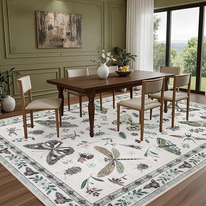 9x12 Area Rugs Living Room Rug: Vintage Washable Rug Floral Soft Carpet Indoor Floor Non-Slip Boho Stain Resistant Large Carpets for Bedroom Kids Nursery Dining Room Farmhouse Home Office Beige