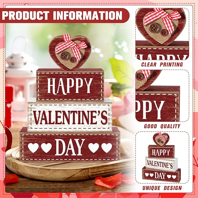 Marsui 4 Pcs Valentine's Day Wooden Signs Heart Truck Table Decor Rustic Distressed Valentines Centerpieces Blocks Farmhouse Tiered Tray Decor Valentine Day Decorations for Home Desk Shelf(Heart)