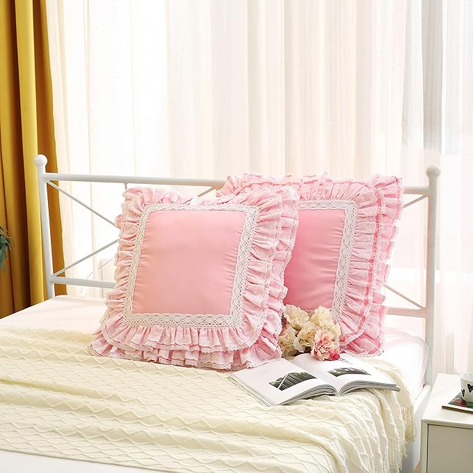 2-Pack Luxury Lace Pink Euro Shams Throw Pillow Covers Cushion Cases with Ruffles Cotton 26"X26" Zipper Closure Elegant