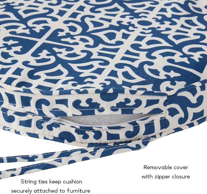 Set of 2 Outdoor 18 inch Round Patio Dining Chair Pads – Comfortable Fiber-Filled Seat Cushions with Ties, Reversible Polyester Fabric, Indigo Blue Lattice
