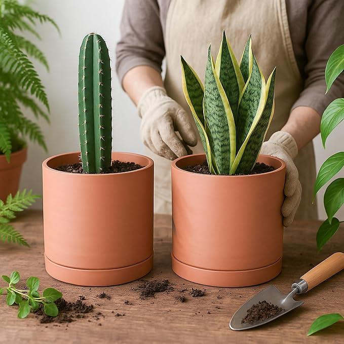 D'vine Dev Small 6 Inch Terracotta Plant Pot with Drainage Hole and Saucer, Round Cylinder Planter Pot for Indoor Plants, Set of 2, 40-X-B-3