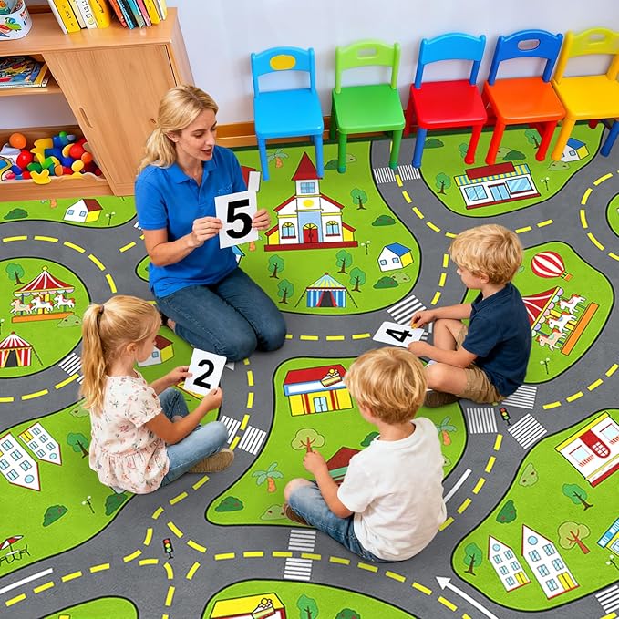 Car Rug for Kids Room 6x9 Feet, Educational Learn City Life Kids Rugs for Playroom Green Traffic Road Rug Decorate Nursery Toddler Classroom Preschool Living Room