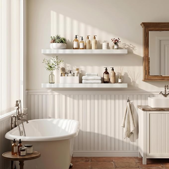 Fun Memories 55 Inch Long Floating Shelves for Wall, 8" Deep Floating Shelves for Bathroom Living Room Bedroom, Rustic Wall Mounted Shelf with Invisible Heavy-Duty Bracket, Set of 2, White