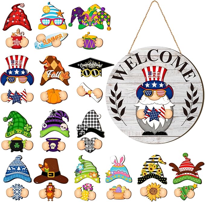 Qunclay Interchangeable Wooden Gnome Decor Holiday Seasonal Gnome Decorations with Magnet Pieces and Detachable Hats Changeable Welcome Sign for Home(White)