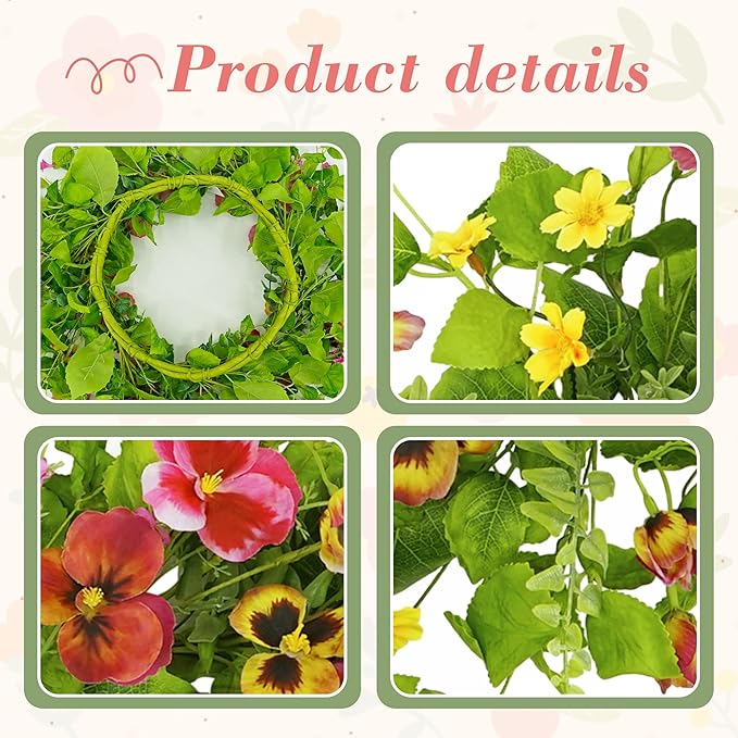 YNYLCHMX 18" Spring Summer Wreaths for Front Door, Artificial Floral Wreath with Ivy Leaves Daisies Pansies Rose Leaves, Green Foliage Wreath for Wall Window Farmhouse Party Holiday Home Decor