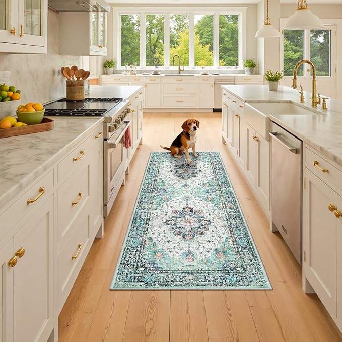 RELEANY Area Rugs 2'x6' Runner Rug Non Slip Washable for Kitchen Hallway Bedroom Beside Laundry Room Bathroom Rug, Floor Carpet, Green Navy Blue White Red Teal Colorful