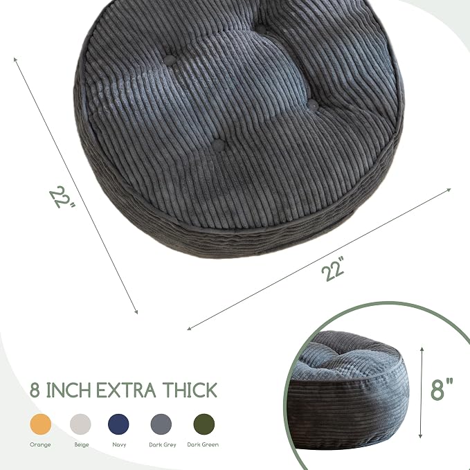 HIGOGOGO 8" Extra Thick Floor Pillow Cushion for Adults, Meditation Cushion Pillow, Large Round Floor Sitting, Tufted Corduroy Cover, for Tatami Living Room or Yoga, 22x22 Inch, 2Pack, Dark Grey