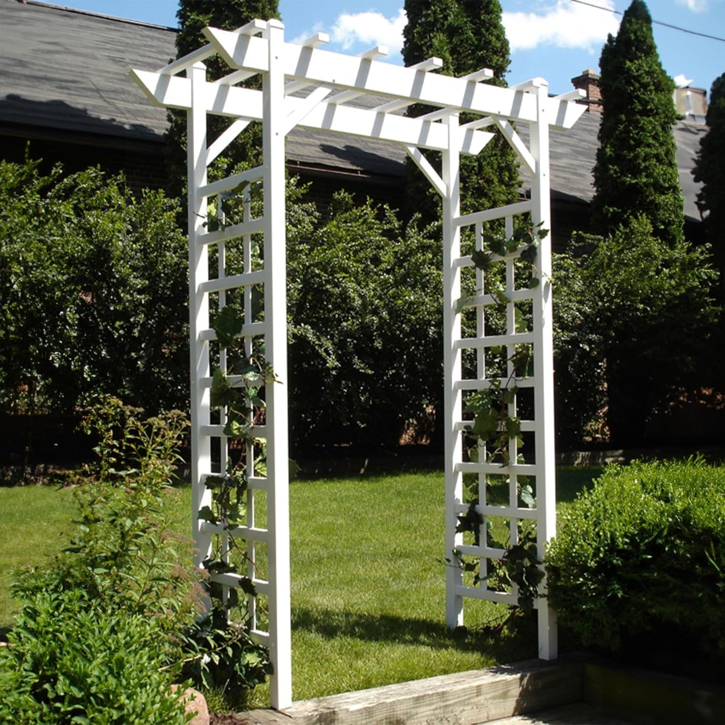 Dura-Trel Providence Arbor, Vinyl Garden Archway for Outdoors, 64" x 85", White - Backyard Decorative Arch for Pathways and Entrances with Trellis Sides for Climbing Plants, Vines & Flowers