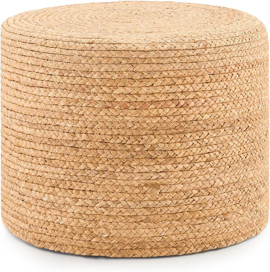 Handwoven Water Hyacinth Ottoman Pouf, Round Outdoor Footstool with Sturdy Frame, No Assembly Needed, Boho Accent Stool for Indoor & Outdoor Use – Patio, Balcony, Living Room (Natural)