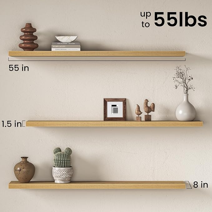 Fun Memories 55Inch Long Floating Shelves, 8 Inch Deep Shelves for Bedroom|Living Room, Wall Mounted Wood Hanging Shelf with Invisible Brackets for Fireplace Mantel Home Storage Decor, Oak - 2 Pack
