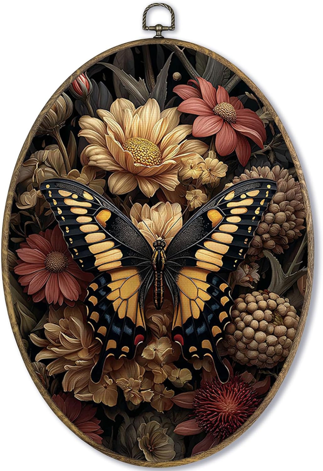 Fewgb Vintage Dark Moody Butterfly Floral Oval Wall Art Decor Framed, Farmhouse Dark Cottagecore Academia Canvas Wall Art Prints Picture, Botanical Hanging Room Decor Artwork for Kitchen Bathroom 9x12