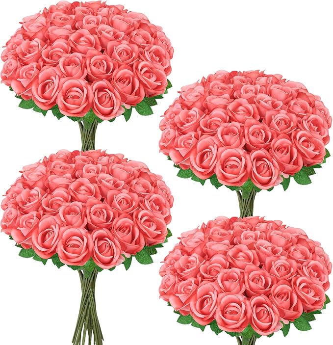 36 Pcs Deep Pink Artificial Roses with Long Stems, Fake Silk Rose Artificial Flowers Bulk for Bridal Wedding Bouquet Centerpiece Ball Arrangement Party Decor