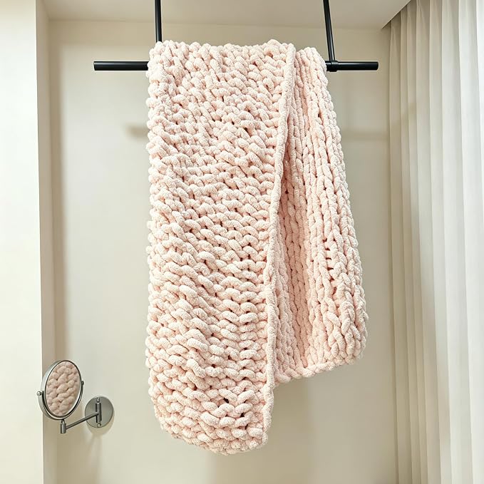 Soft Chunky Knit Throw Blanket for Couch, Cozy Warm Knitted Blankets | Hand Knit with Jumbo Chenille, Lightweight Warm Fluffy Decor for Women, Mom, Her & Girls, Sofa, Chair, Bed, 40"×60" (Pink)