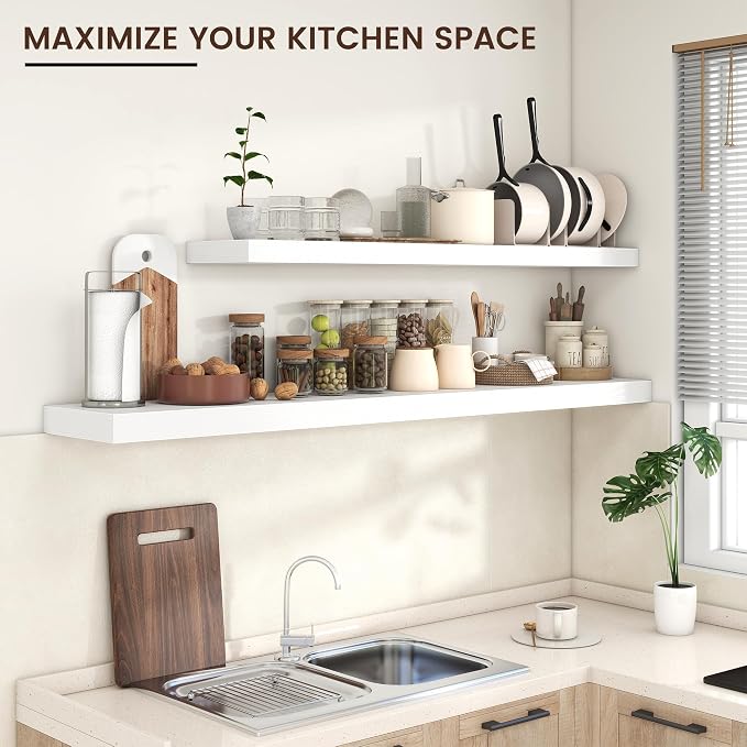 55" Wide x 10" Deep Floating Shelves for Wall, White Finish, 1-Pack | Engineered Wood Wall Shelves with Invisible Brackets for Living Room, Bedroom, Bathroom, Office & Kitchen Storage