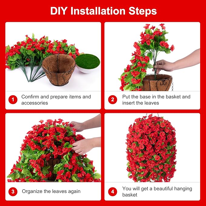 Ammyoo Artificial Faux Hanging Flowers Basket for Spring Summer Outdoor Outside Porch Decoration, Fake Silk Colorful Morning Glory Eucalyptus UV Resistant Look Real for Home Patio Balcony Yard(Red)