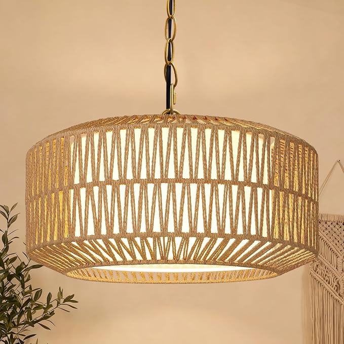 9"-52" Height Adjustable Farmhouse Chandelier Light Fixture, 5-Light Rattan Boho Chandeliers for Dining Room, Hand Woven Pendant Light with Linen Shade, Rustic Hanging Lighting for Kitchen Island