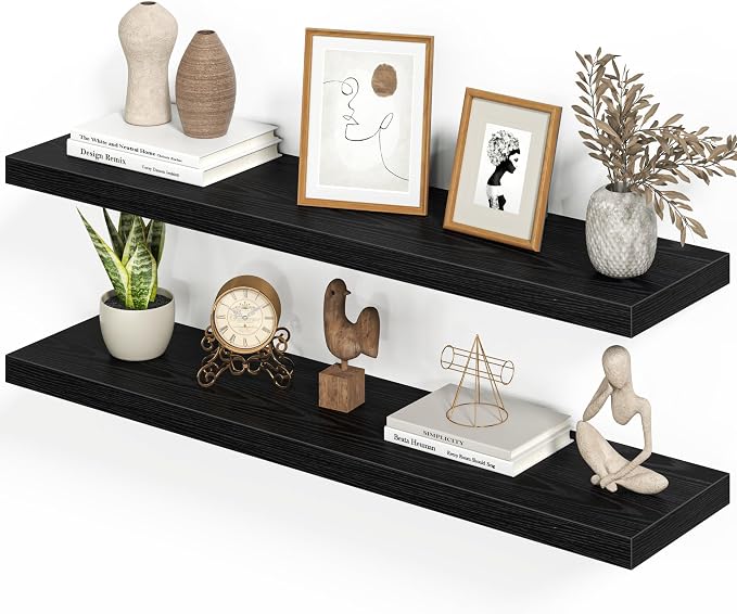 Heimlove 40 Inches Floating Shelves for Wall,9.3" Deep Black Long Floating Shelves Set of 2,Large Display & Storage Shelf,Wall Shelf for Bathroom Bedroom Living Room Kitchen Office
