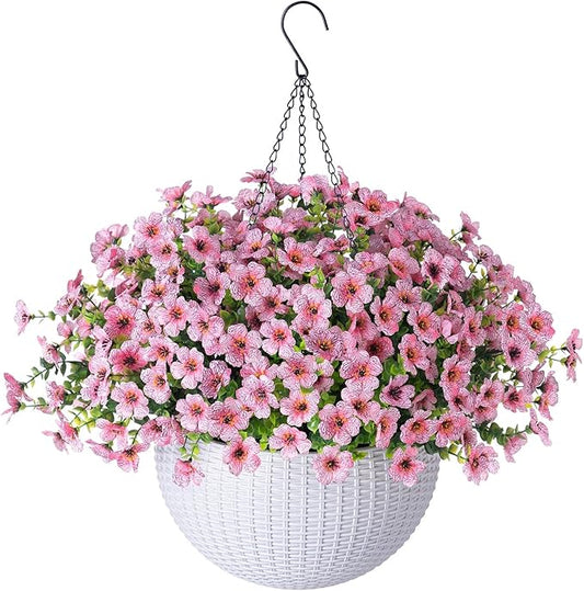 HyeFlora Artificial Fake Hanging Plants Flowers Basket for Outdoor Outside Summer Decor, Faux Silk Pink Daisy Realistic UV Resistant for Porch Patio Balcony Home Yard