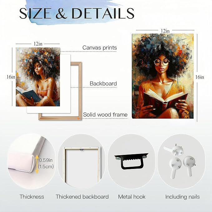 Framed Modern Abstract African American Women Wall Art Set of 3 Painting Canvas Prints,Boho Black Girl with Floral Accents, Inspirational and Trend Poster for Living Room,Bedroom, Office Decor,12X16in