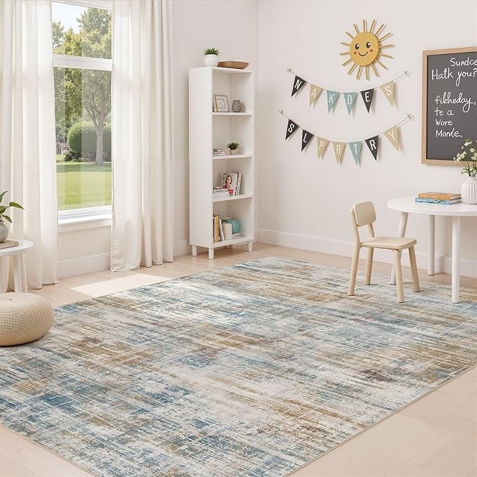 UERMEI 5x7 Area Rug for Living Room: Washable Modern Neutral Abstract Soft Low Pile Carpet Non-Slip Pet Kids Friendly Indoor Decor for Bedroom Dining Room Home Office Nursery Blue Brown