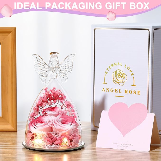 Mothers Day Rose Gifts for Women Preserved Real Flower in Glass Angel Figurines Roses for Delivery Prime Birthday Gifts for Mom Grandma Girlfriend Wife Her, Pink White