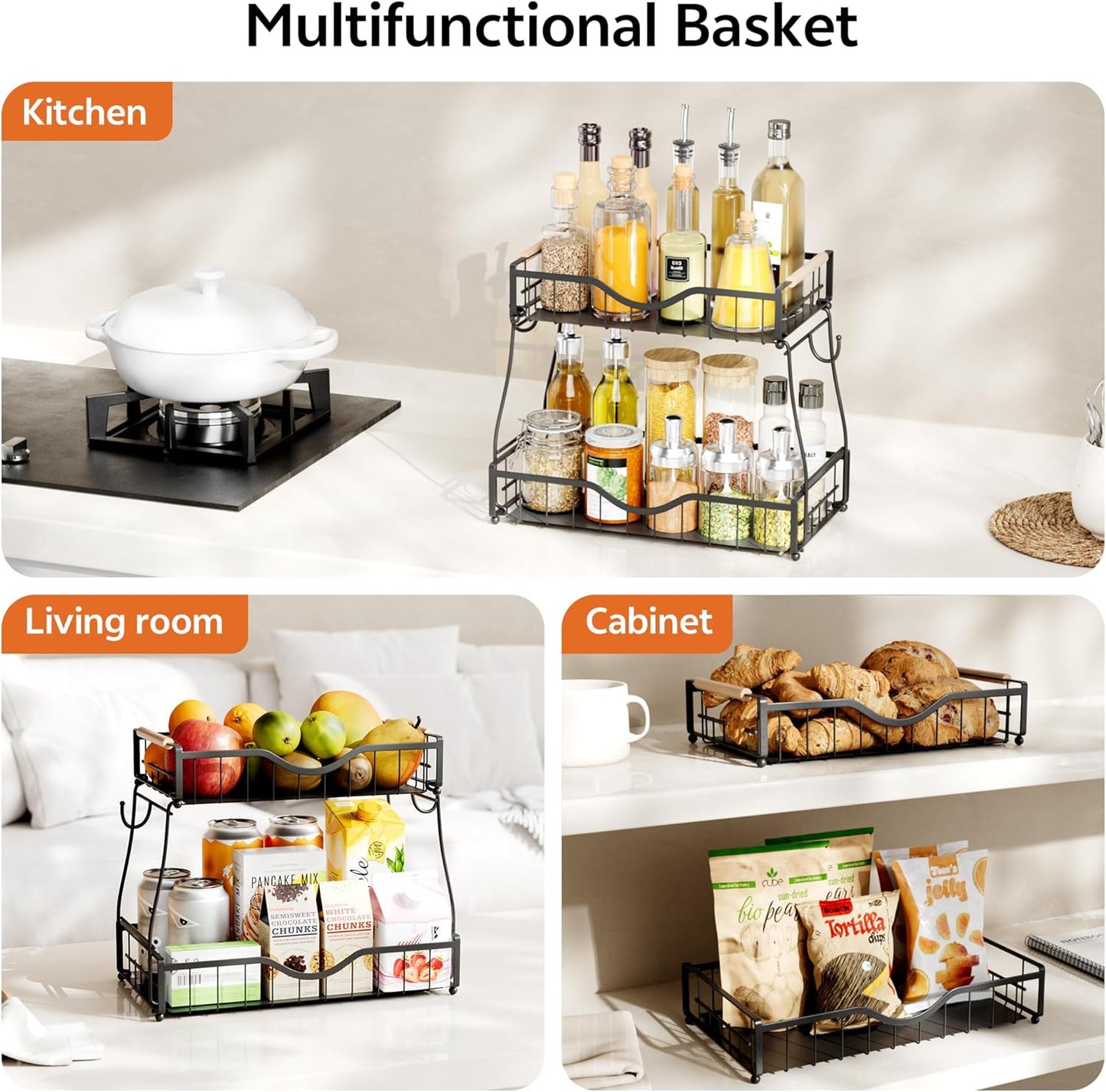 2 Tier Fruit Basket with 2 Banana Hangers, Fruit Bowl for Kitchen Countertop with 2 Wooden Handle, Detachable Metal Fruit Holder for Vegetable Bread with 2 Protective Pads, Black