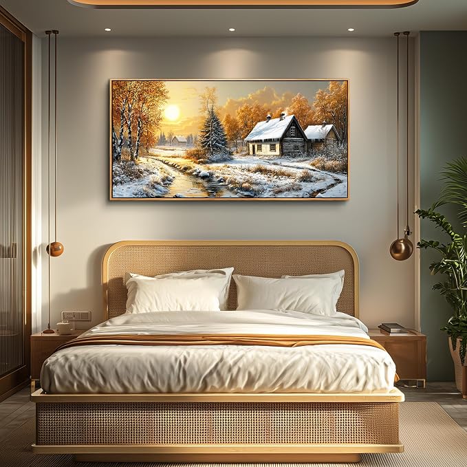XIGUANGART Landscape Wall Art Framed,Large Canavs Wall Art,Snow Cottage with River Forest Pictures for Bedroom,Vintage Rustic Farmhouse Wall Decor Paintings for Living Room Bathroom Kitchen 20"X40"