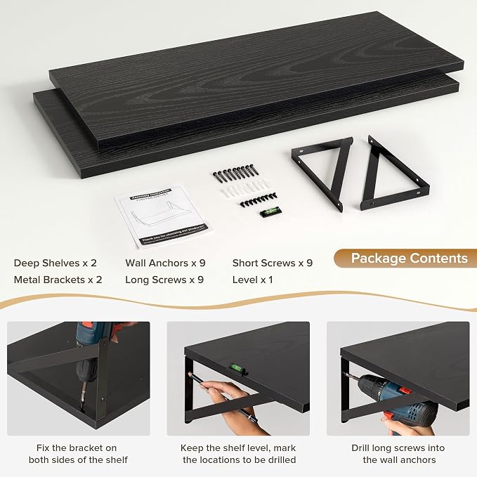 Acovy Deep Floating Shelves Wall Mounted, 30"x12" Black Wall Shelves with Brackets Set of 2 for Bedroom, Living Room, Bathroom, Kitchen, Office - Storage & Display Shelf for Decor, Books, Plants