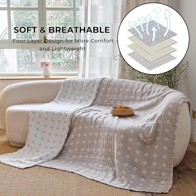 100% Cotton Muslin Blanket, Soft Reversible 4-Layer Gauze Cotton,Checkered Blanket for Couch Twin Size Bedspread Room Decor Pinic Blanket, 60"×80", Grey/Off White