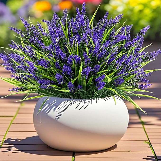 Geegoods Artificial Plants Flowers Outdoor – 48 Bundles UV Resistant Faux Lavender Flowers with Monkey Grass for Garden Porch Window Patio Hanging Planter Decor