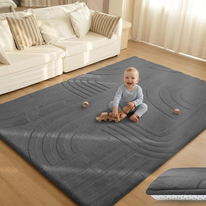 Huloo Sleep 1.3" Extra Thick Fluffy Baby Play Mat for Floor,6'×9'Large Padded Kids Rug with Ultra Soft 3D Carved Faux Rabbit Fur,Non-Slip Carpet Nursery Rug Area Rug for Playroom Living Room(Charcoal)