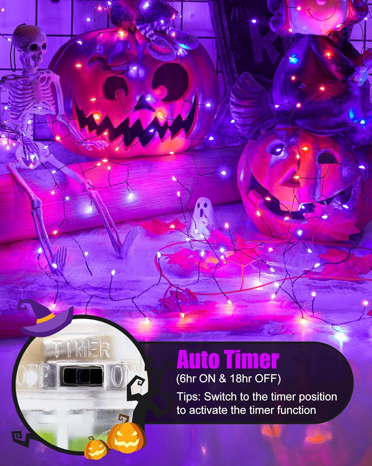 Fairy Lights Battery Operated, Twinkle String Lights Waterproof Silver Wire 5 Feet 60 Led Firecracker Starry Lights for DIY Wreath Party Bedroom Mason Jar Indoor Halloween Decoration, Orange & Purple