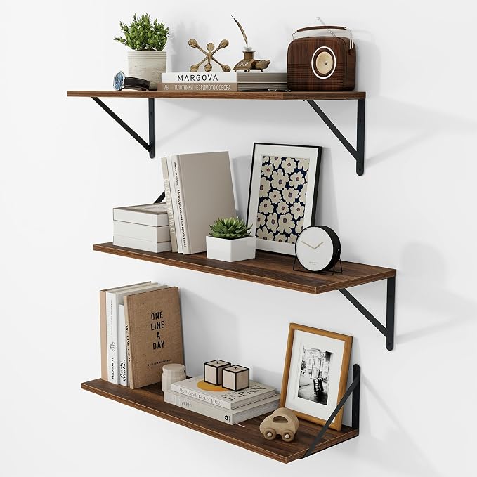 Vivelove 8 Inch Deep Floating Shelves for Wall, 24W x 8D Wood Wall Shelves Set of 3, Walnut Wide Floating Bookshelf for Living Room, Kitchen, Office, Bedroom, with Black Metal Bracke - Walnut