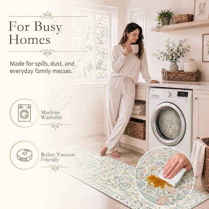 Wonnitar Floral Round Rugs 6ft, Boho Large Machine Washable Circle Rug, Low Pile Soft Flower Botanical Print Beige Round Carpet for Living Room Bedroom Dorm Sunroom
